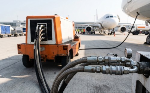 Airport tarmac ground support vehicle with hydraulic lines and fittings in foreground