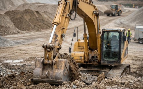 Hydraulic excavator with boom and arm cylinders on an active earthmoving job site