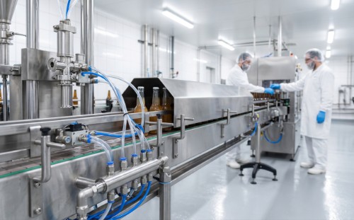 Stainless steel food processing conveyor line with sanitary pneumatic fittings and valves