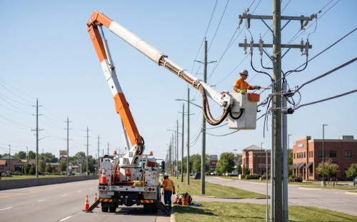 Municipal utility truck with extended hydraulic lift cylinder and hose lines