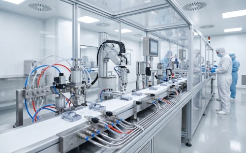Clean-room assembly line with precision pneumatic components and stainless steel fittings
