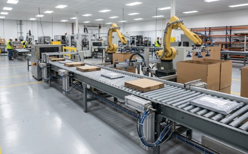 Automated packaging line with pneumatic cylinders and robotic arms on an industrial factory floor