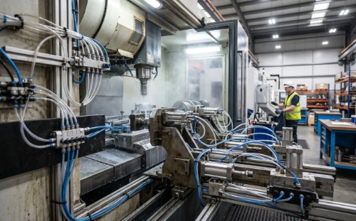 Factory floor with hydraulic press and pneumatic supply lines on a manufacturing production line