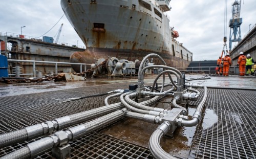 Stainless steel hydraulic hose assemblies and marine-grade fittings on a shipyard vessel deck