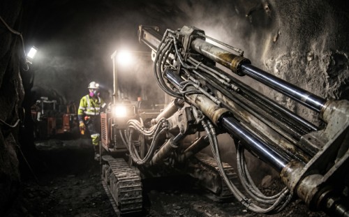 Mining drill rig with large hydraulic cylinders at an open-pit mine site