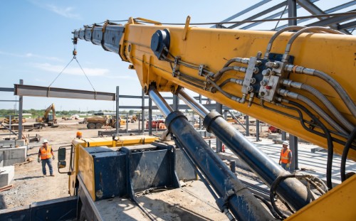 Telescoping crane truck with extended boom and prominent hydraulic cylinders on a job site
