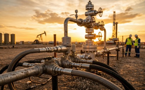 Oil field wellhead with hydraulic fittings and hose assemblies against a dramatic sky