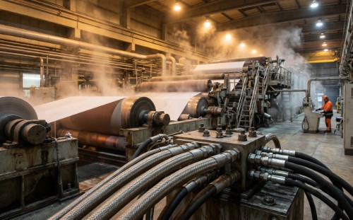 Paper mill interior with large rollers and hydraulic hose assemblies in a steam atmosphere