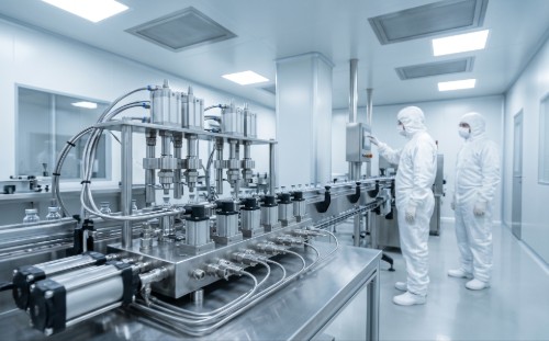 Sterile pharmaceutical production line with stainless steel pneumatic valves and clean-room workers