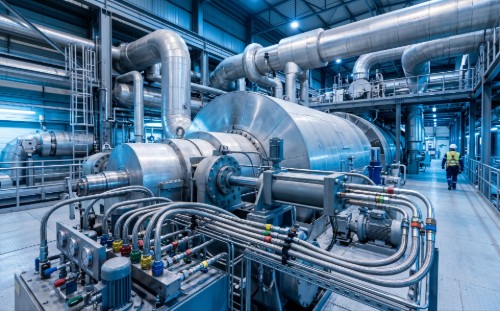 Power plant interior with large turbine and visible hydraulic control lines and actuators