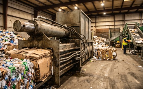 Industrial baler in a recycling facility with hydraulic ram and hose assembly visible