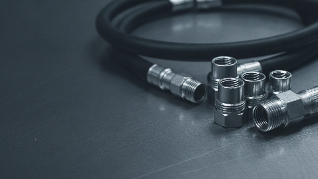Close-up of crimped steel hydraulic hose fittings and assemblies arranged on a workbench