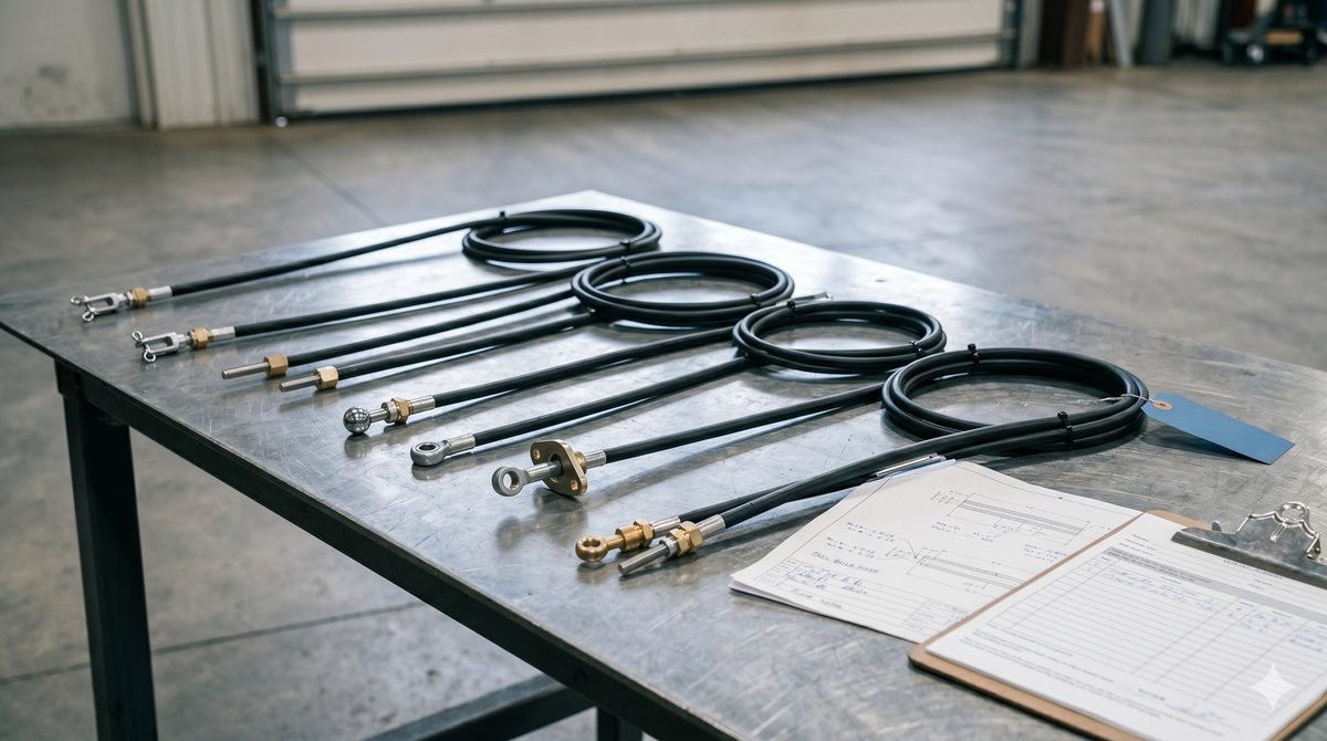 Four finished Hydraulic Supply Company control cable assemblies laid out on a shop workbench beside a clipboard with build documentation