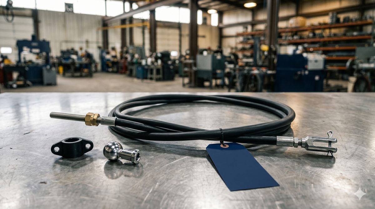 Finished Hydraulic Supply Company custom push-pull control cable assembly with clevis, brass bulkhead fitting, and accompanying mounting hardware staged on a workbench