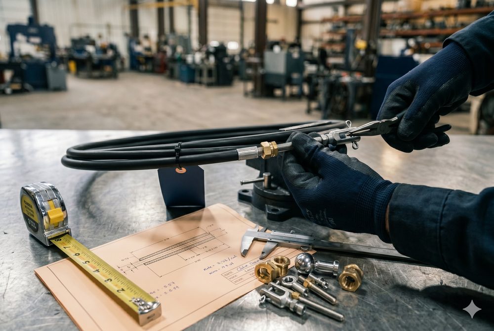Hydraulic Supply Company technician measuring a control cable assembly with calipers and tape measure beside an engineering drawing and assortment of end fittings