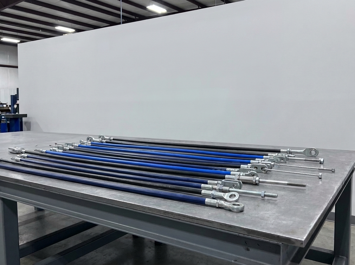 Custom push-pull control cable assemblies with terminated ends on an HSC workbench