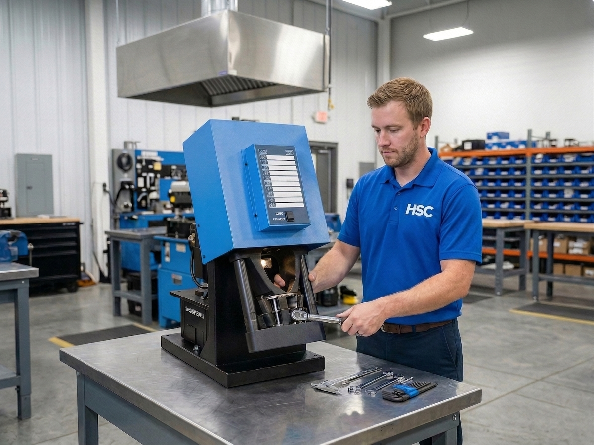 HSC technician calibrating a blue FT-1380 hydraulic hose crimping machine