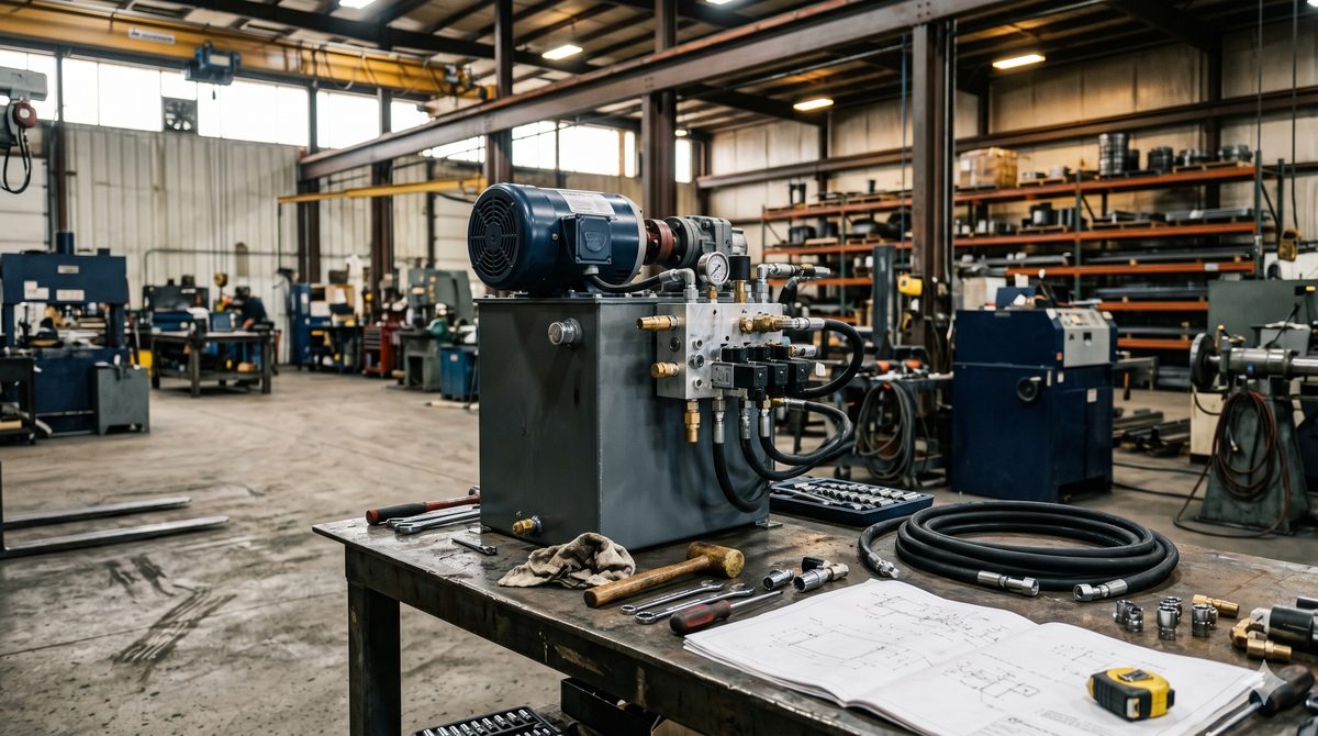 Custom hydraulic power unit being built on the HSC shop floor with hoses, fittings, and engineering drawings on the bench
