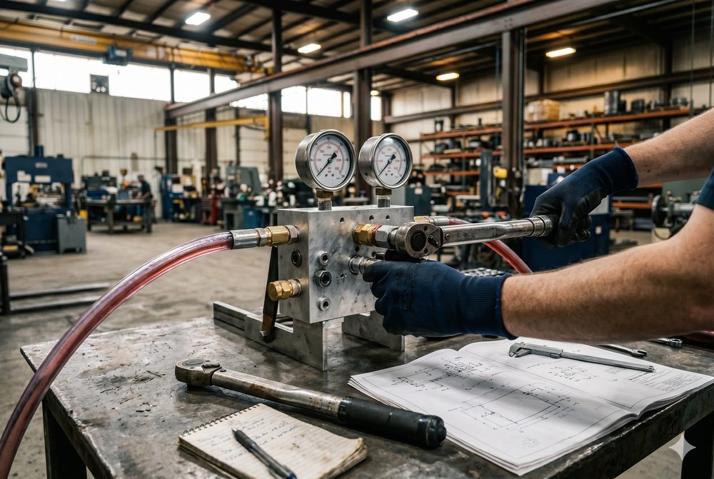 HSC technician pressure-testing a manifold assembly against engineering drawings before shipment