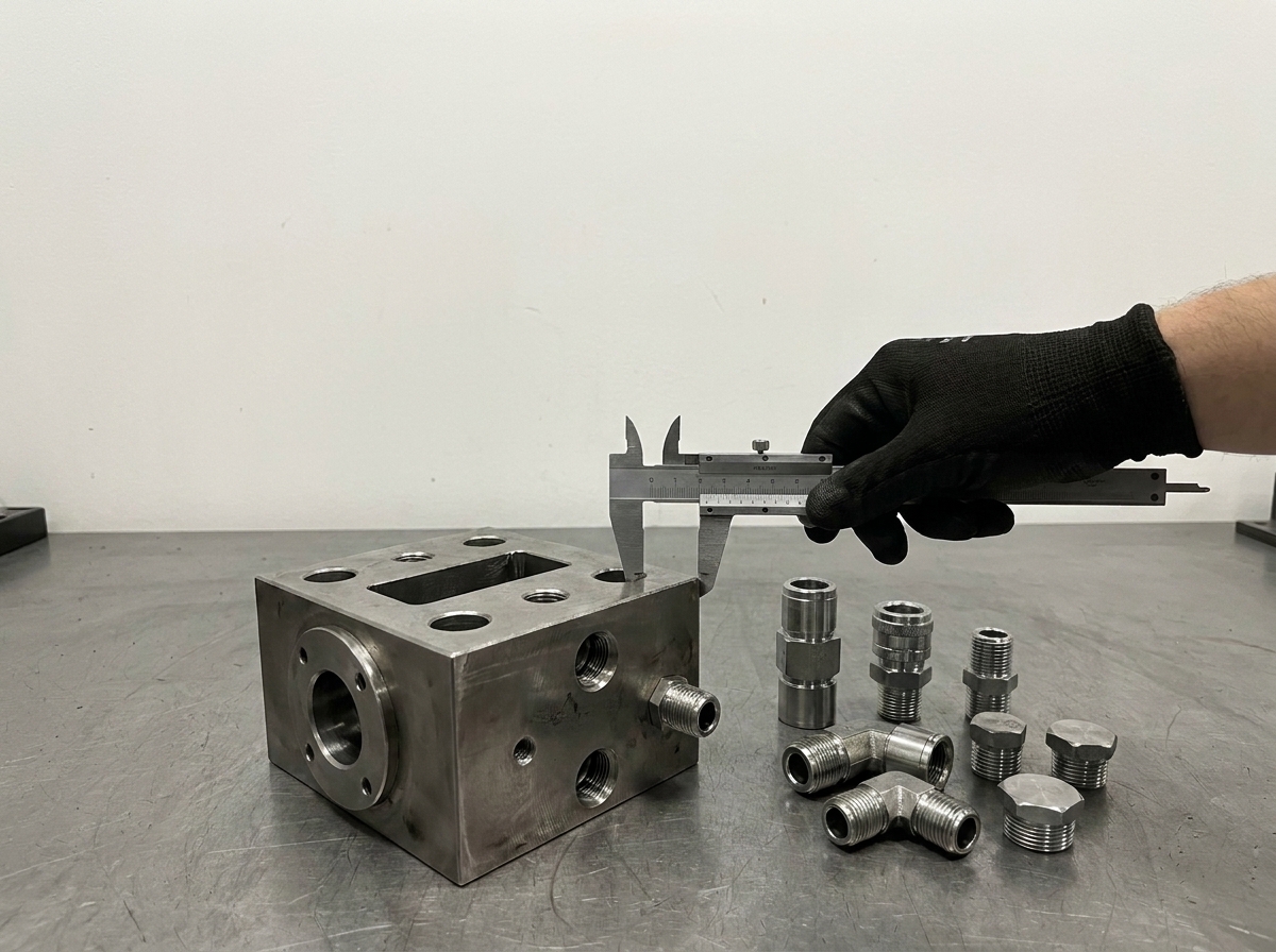 Custom-fabricated hydraulic manifold component measured with calipers at HSC