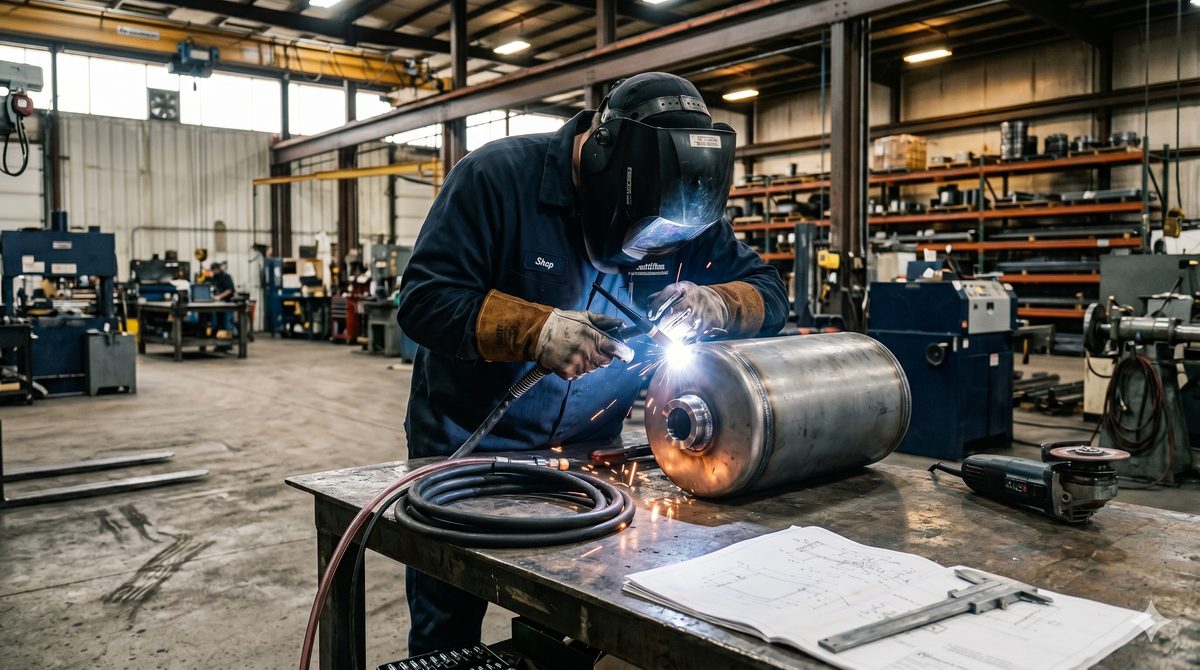 Hydraulic Supply Company welder mid-pass on a hydraulic cylinder repair, with sparks visible on the shop floor