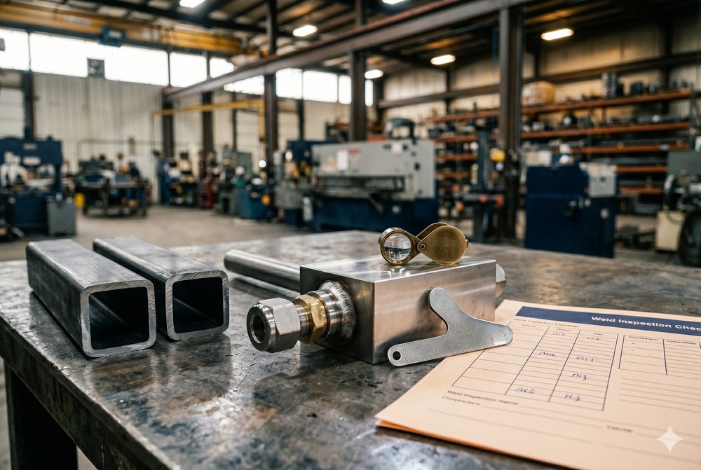 Cut and welded steel components on a workbench beside a Weld Inspection Checklist and inspection loupe at Hydraulic Supply Company