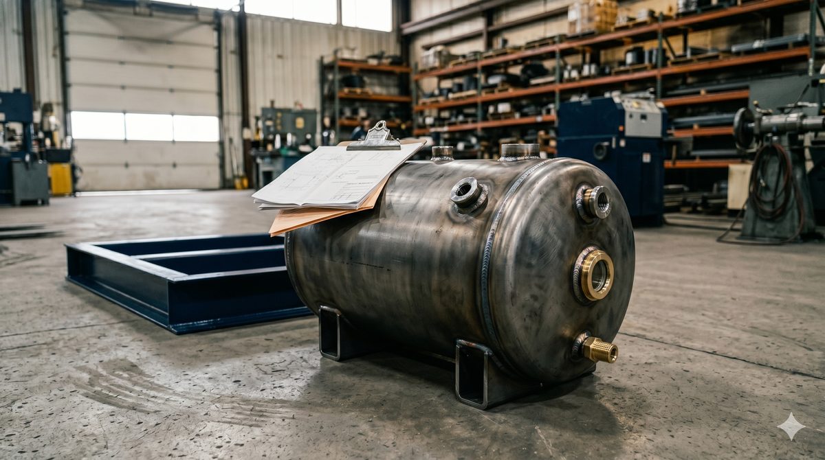 Custom welded hydraulic reservoir with port bosses and bungs, finished and staged on the Hydraulic Supply Company shop floor