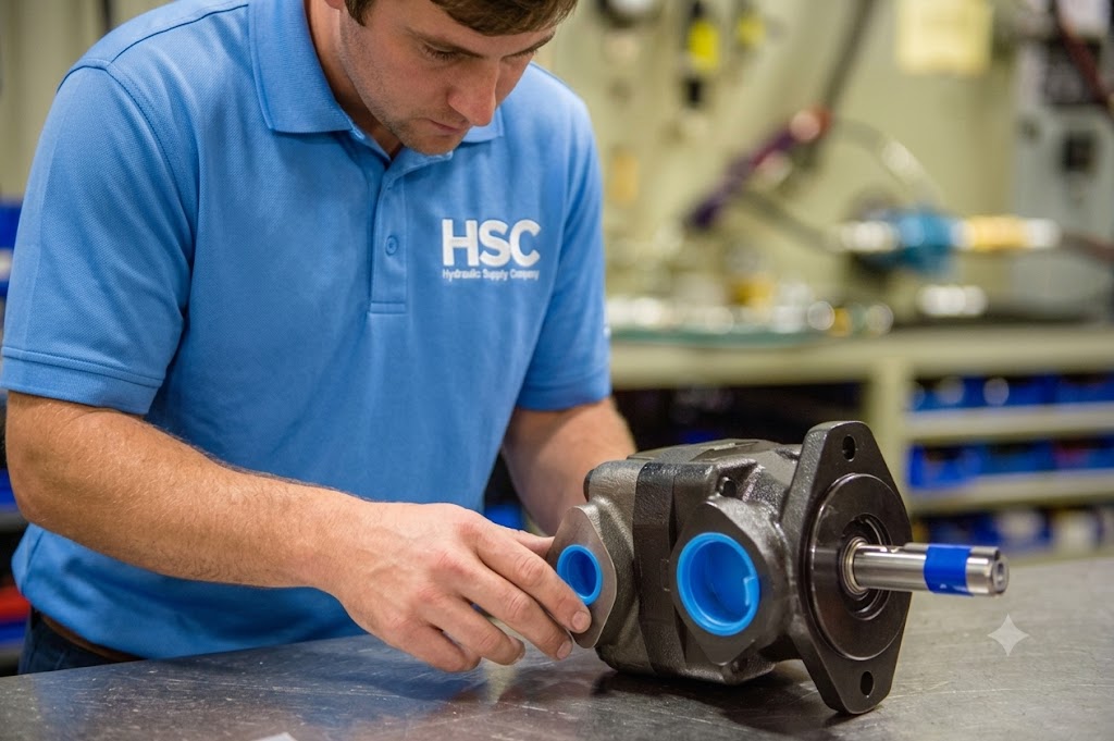 Hydraulic Supply Company technician inspecting a custom-built hydraulic pump component on the shop floor