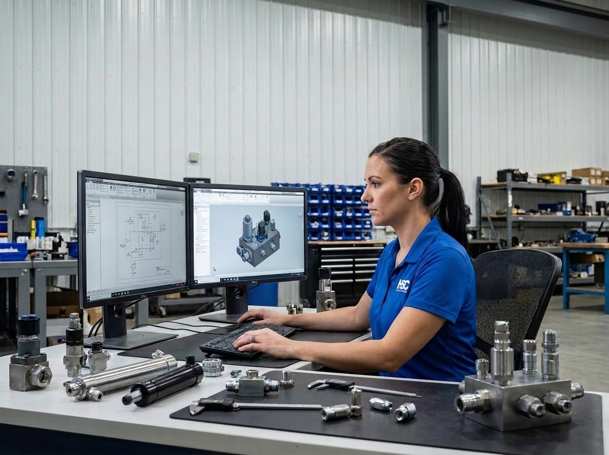 HSC engineer designing a hydraulic system at a CAD workstation