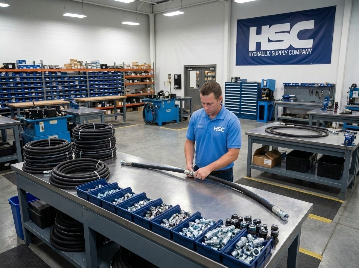 HSC service technicians assembling hydraulic hoses and fittings in the Hydraulic Supply Company service facility