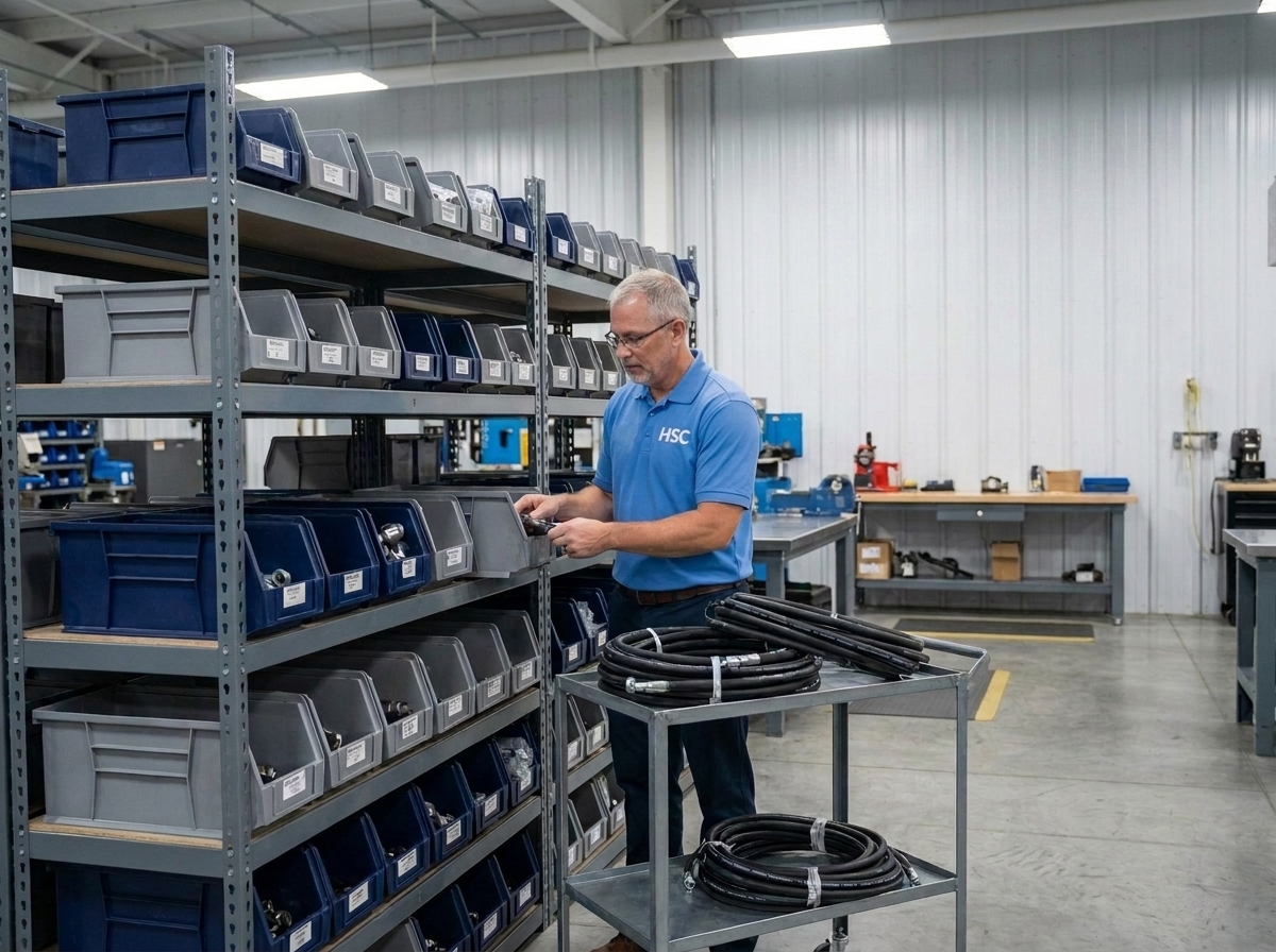 HSC technician at an organized hydraulic hose and components kitting station