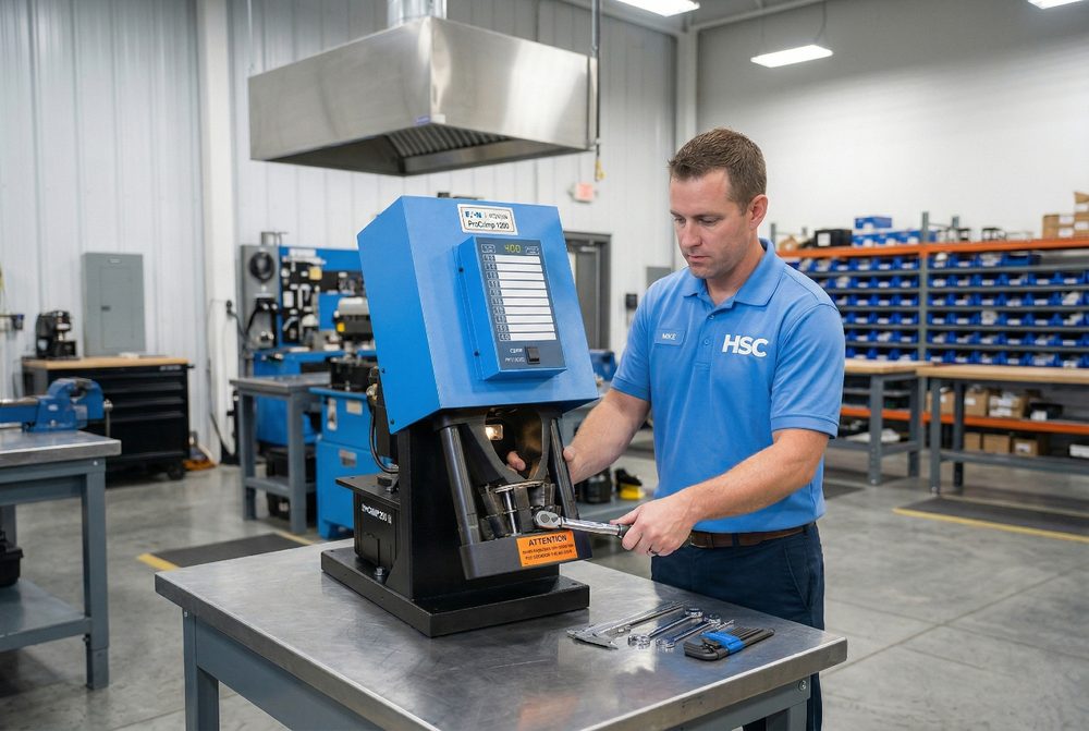 HSC technician operating a high-speed hose crimping machine on the shop floor, building hydraulic hose assemblies to spec