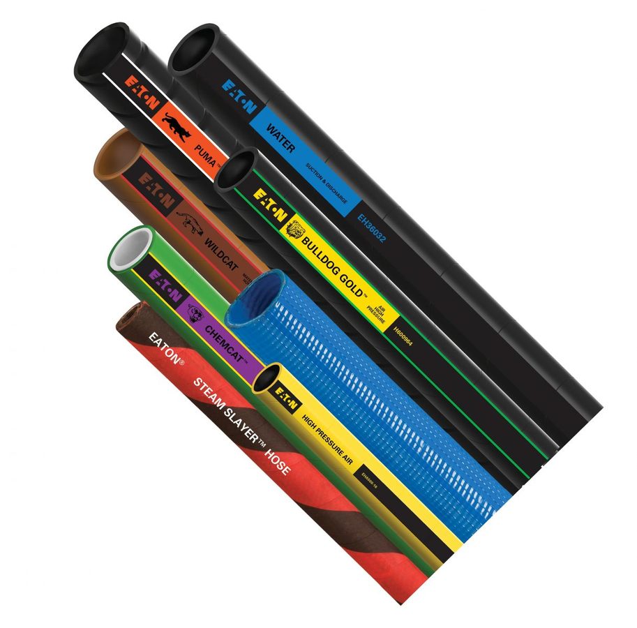 Range of Eaton industrial hoses including Puma, Water, Wildcat, Bulldog Gold, Chemcat, Steam Slayer, and High Pressure Air hoses