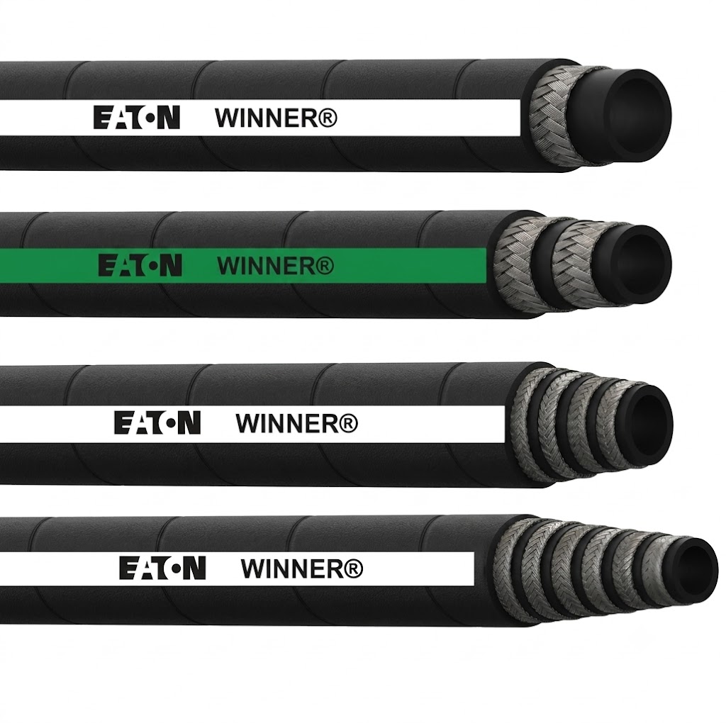 Stack of four Eaton Winner hydraulic hose products in different reinforcement constructions