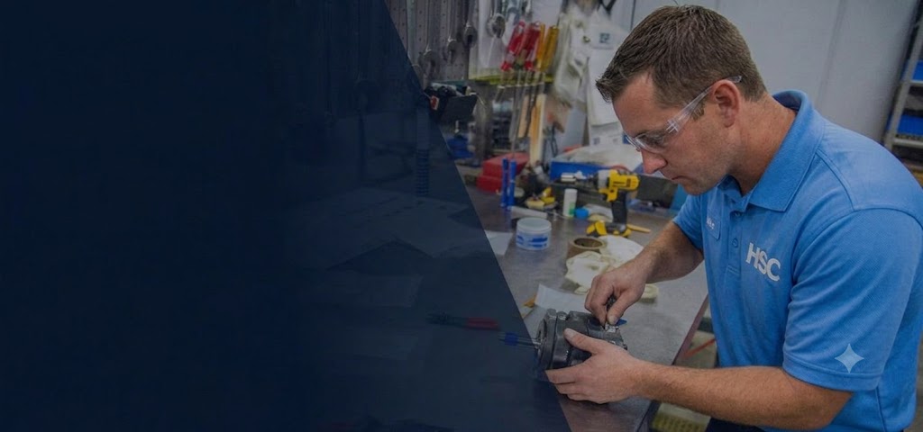 Hydraulic Supply Company technician inspecting hydraulic pump components at a workbench