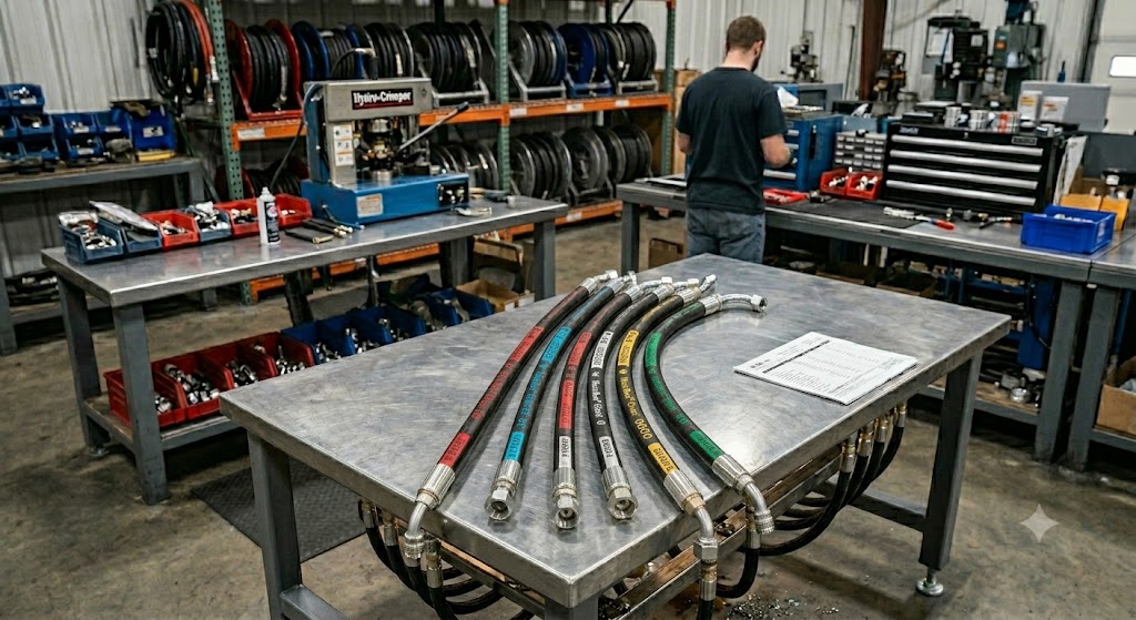 Bouquet of Aeroquip MatchMate Global hydraulic hose assemblies with crimped end fittings in red, blue, yellow, green, and silver color codes