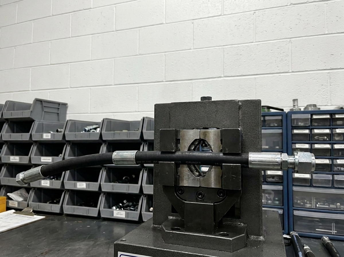Freshly crimped hydraulic hose assembly with steel fittings on a workbench at HSC