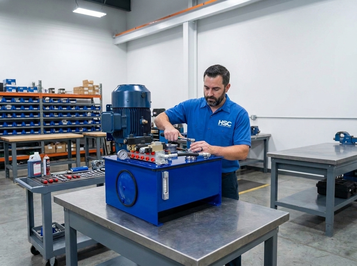 HSC technician assembling a blue hydraulic power unit with motor, reservoir, and manifold
