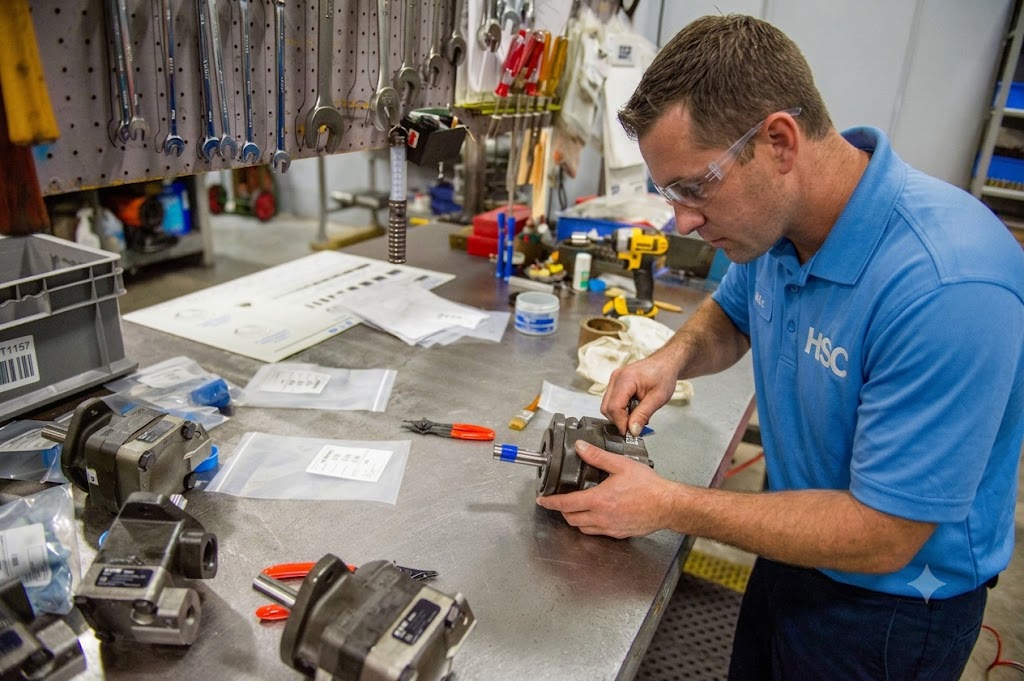 Hydraulic Supply Company certified technician disassembling and inspecting hydraulic pumps at a workbench in an HRS repair center
