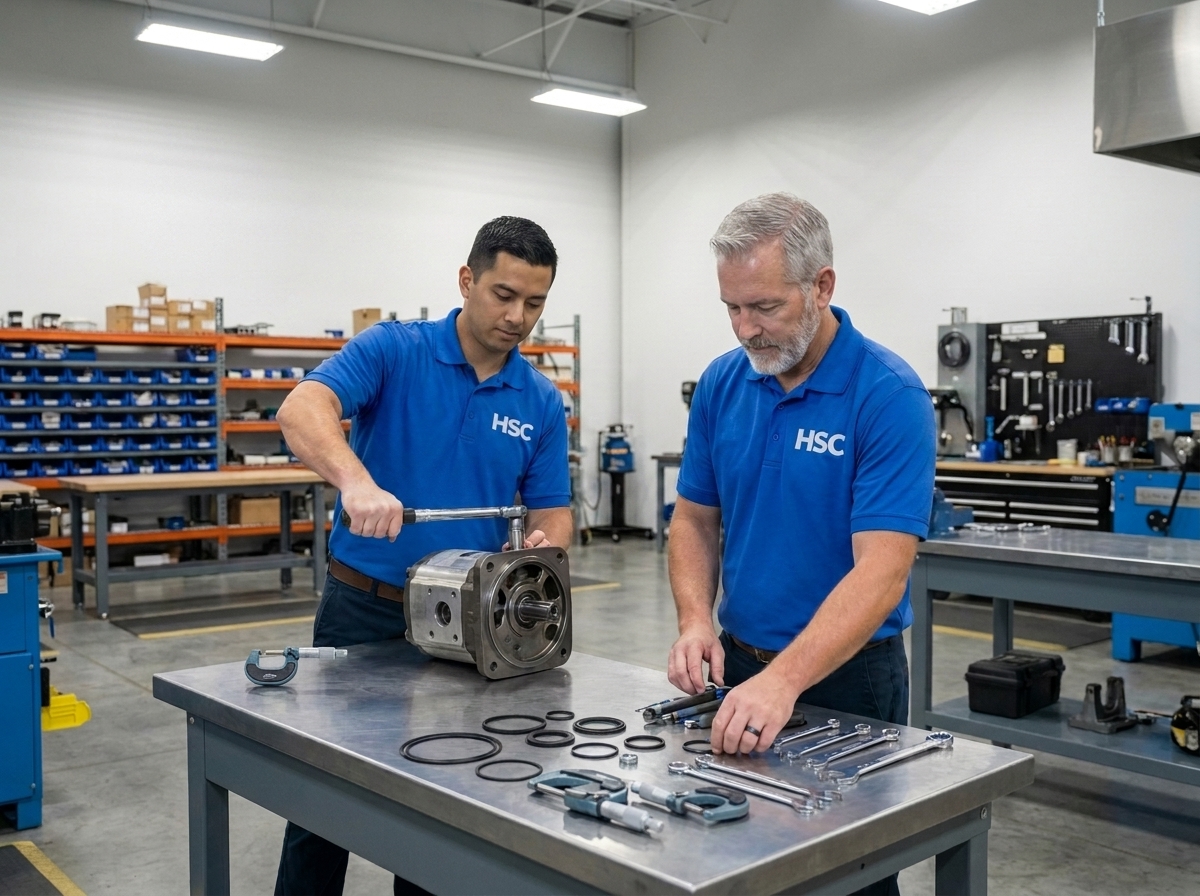 HSC technicians rebuilding a hydraulic pump on a repair bench