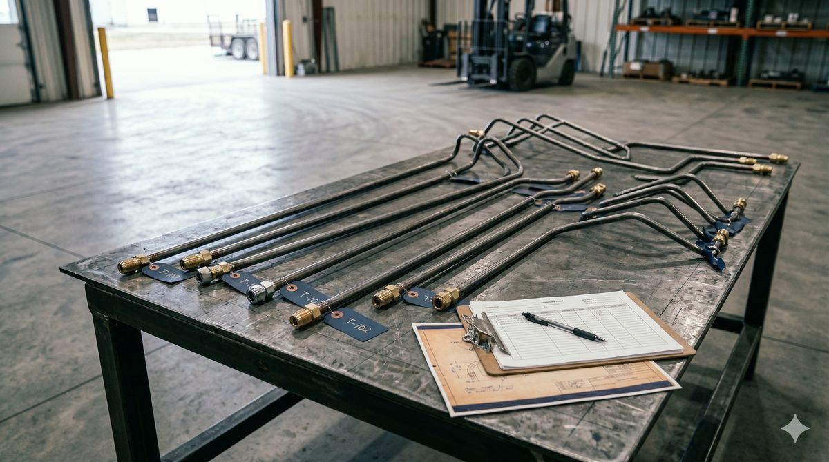 Row of finished bent hydraulic tube assemblies laid out on a workbench with a clipboard of documentation alongside