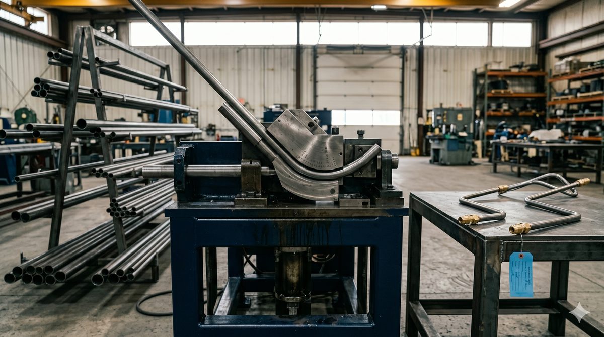 Hydraulic Supply Company tube bender mid-bend on the shop floor, with stacked raw tubing and finished bent assemblies on an adjacent bench
