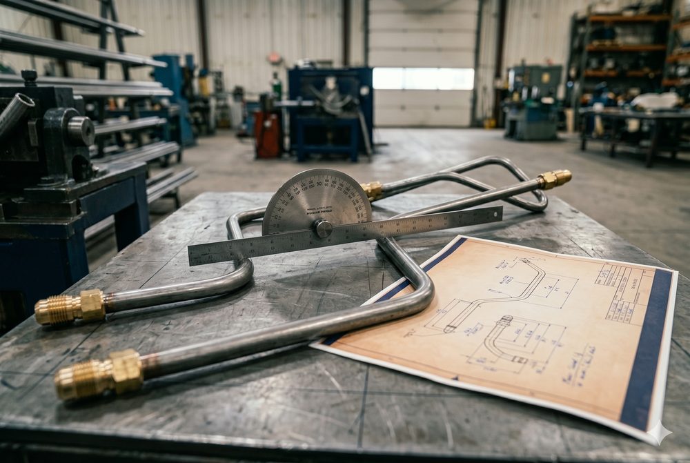 Bent hydraulic tube assemblies on a shop bench beside a protractor and engineering drawing, dimensionally inspected against print