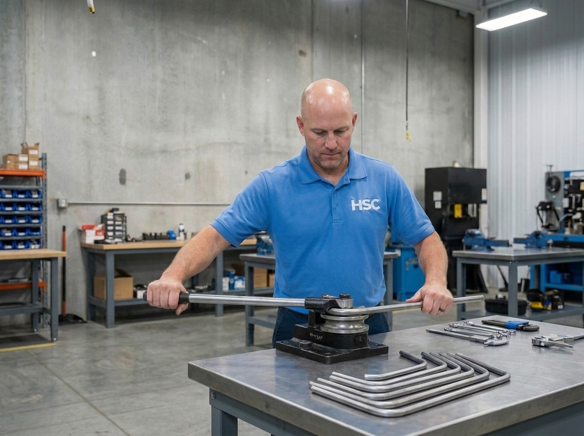 HSC technician bending steel hydraulic tube on a manual tube bender