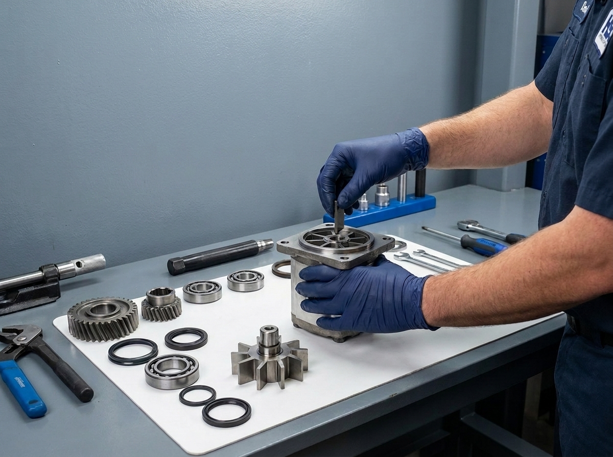 HSC technician assembling a hydraulic vane pump with staged components