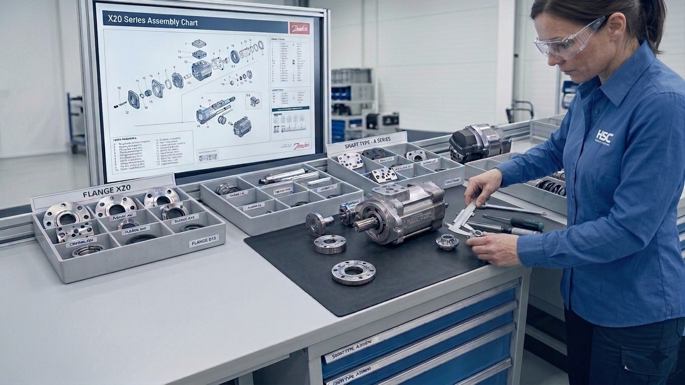 Woman engineer meticulously inspecting and configuring a Loop Piston Pump in a workshop
